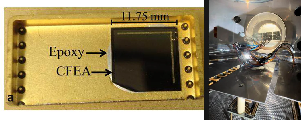 A CNT emitter chip epoxied into a package, and the vacuum emission test setup