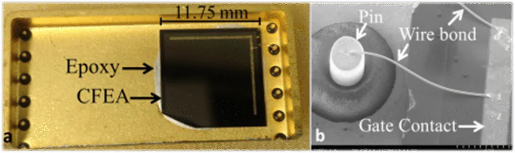 CNTFEC chip epoxied into a gold package, and SEM image of the wire bond from a package pin to the gate contact