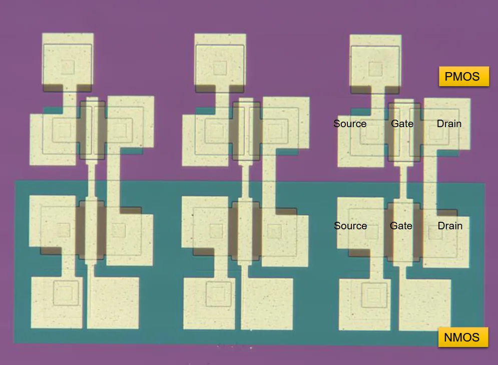 Optical microscope image of 2 µm CMOS devices