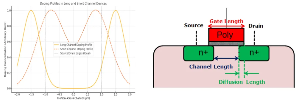 Doping profiles and schematic showing source/drain overlap in short-channel devices, where excessive lateral diffusion prevents channel inversion and causes resistor behavior